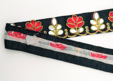 Black Silk Trim With Mirrors Embellishments and Gold Embroidery, Approx. 38mm Wide, Decorative Trim Costume Trim Floral Trim By Yard